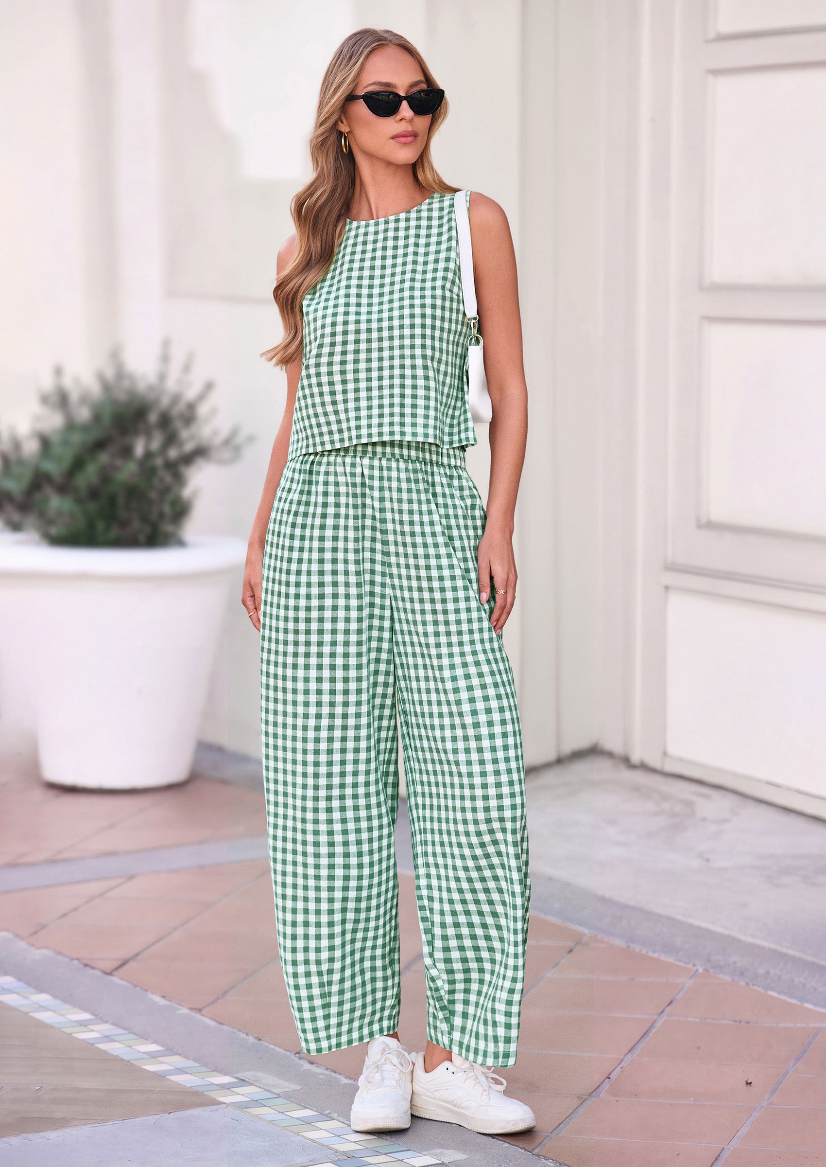 PRETTYGARDEN Womens 2 Piece Sets Summer Plaid Sleeveless Tops Wide Leg Pants Matching Lounge Set Beach Vacation Outfits