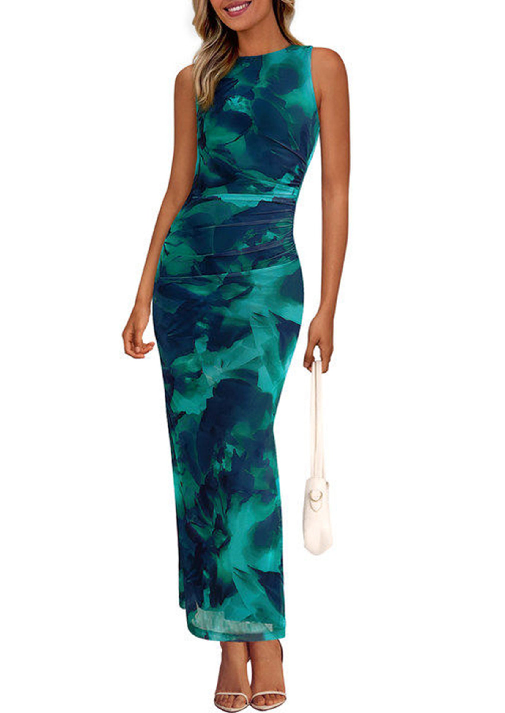 PRETTYGARDEN Wedding Guest Dresses for Women Spring Floral Bodycon Sleeveless Mesh Maxi Long Dress