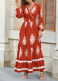 PRETTYGARDEN Women's Fall Wedding Guest Dresses Boho Floral Long Sleeve V Neck Flowy Elegant Maxi Dress Beach Clothes