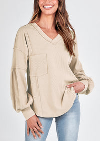 BTFBM Women's Ribbed Long Sleeve Tops Summer Spring Pullover Knit Casual V Neck Blouses Trendy Loose Fit Tunic Top