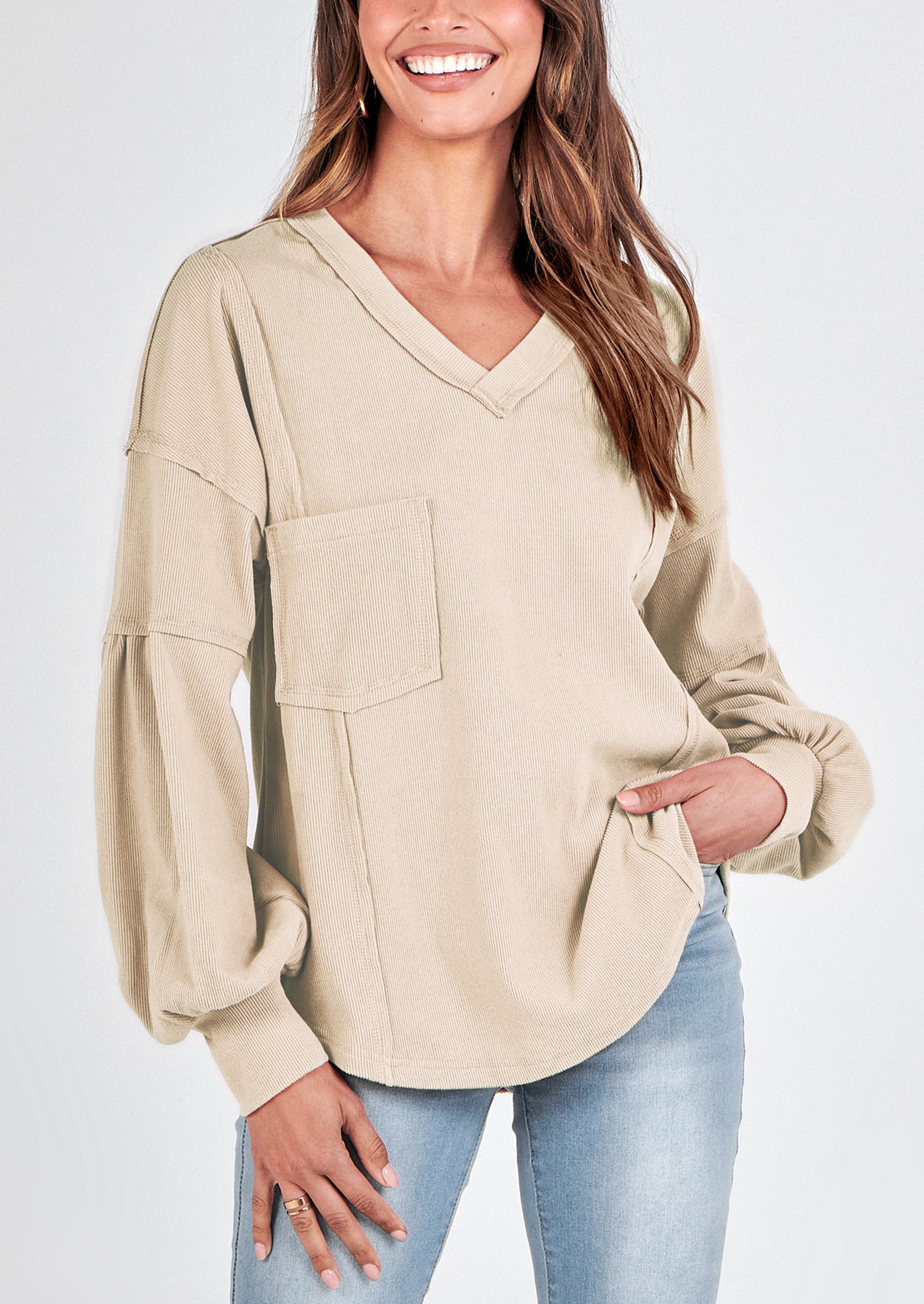 BTFBM Women's Ribbed Long Sleeve Tops Summer Spring Pullover Knit Casual V Neck Blouses Trendy Loose Fit Tunic Top