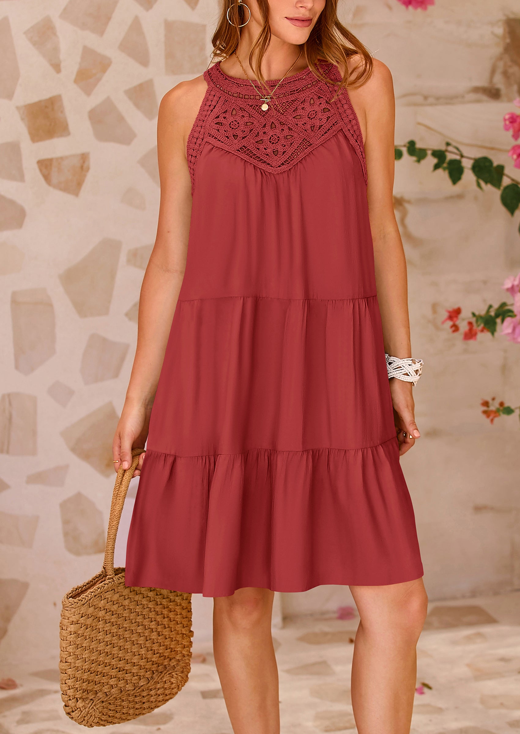 BTFBM Women Summer Halter Dresses Casual Spring 2025 Sleeveless A-Line Tiered Swing Mini Dress Beach Vacation Sundress