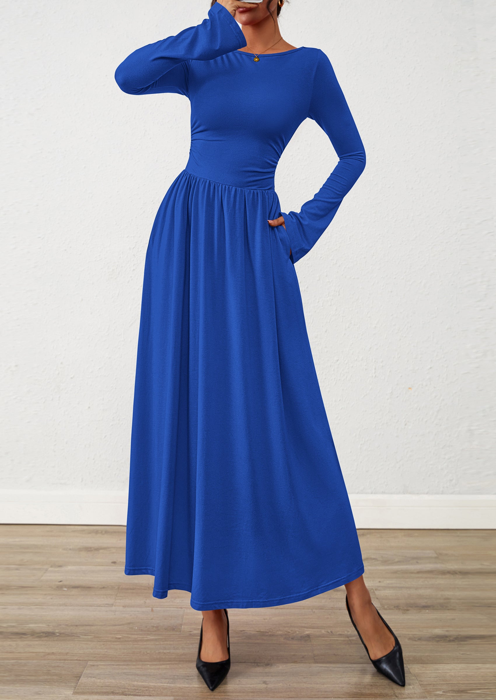 BTFBM Long Sleeve Maxi Dresses for Women Fall Casual Ruched Boat Neck Flowy Elegant Formal Wedding Guest Dress