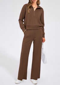PRETTYGARDEN Women's 2 Piece Outfits Casual Lapel Half Zip Sweatshirts And Wide Leg Pants Tracksuit Sets