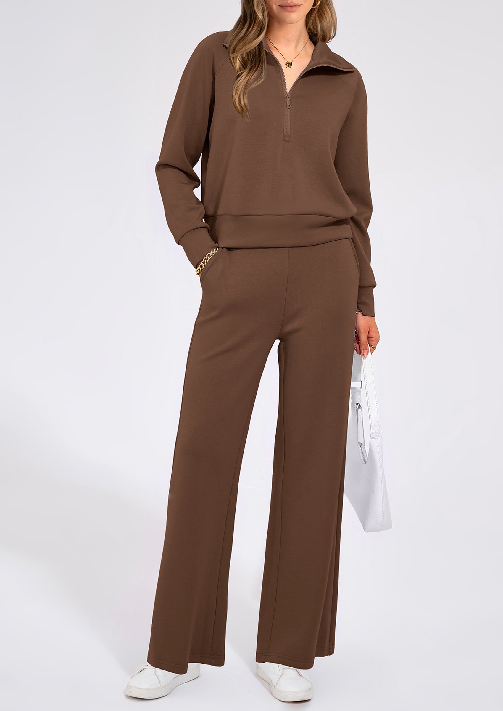 PRETTYGARDEN Women's 2 Piece Outfits Casual Lapel Half Zip Sweatshirts And Wide Leg Pants Tracksuit Sets