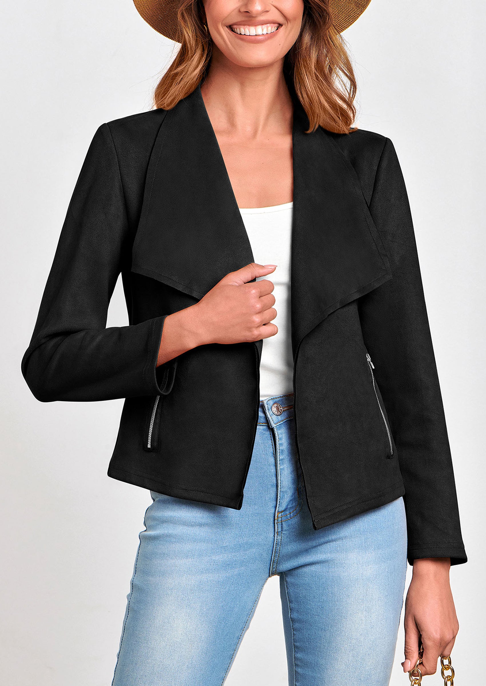 PRETTYGARDEN Women's Faux Suede Jackets Fashion Fall Clothes Long Sleeve Open Front Cropped Coat Outwear