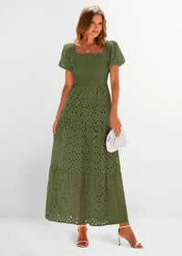 PRETTYGARDEN Dresses for Women Eyelet Square Neck Puff Sleeve Smocked Wedding Guest Maxi Dress with Pockets