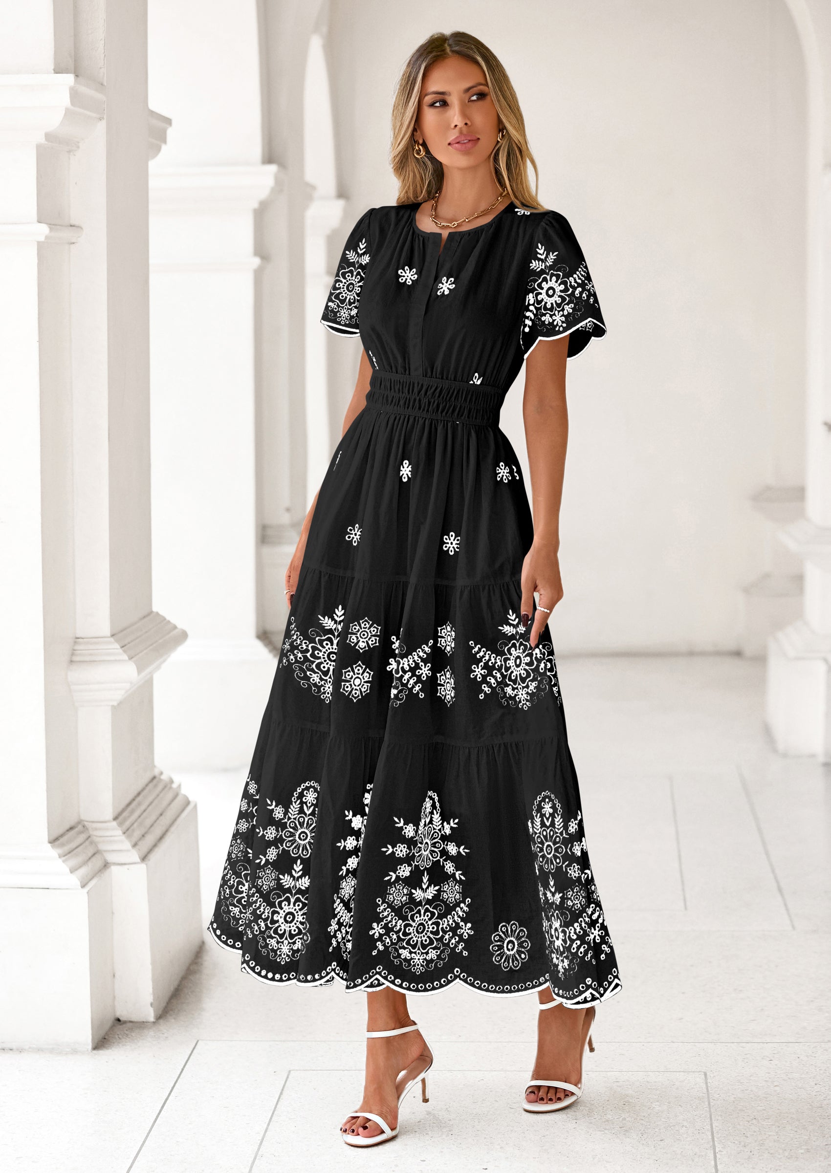 PRETTYGARDEN Boho Dresses for Women Summer Spring Casual Floral Short Sleeve V Neck Maxi Elastic Waist Dress Pockets PRETTYGARDEN