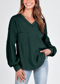 BTFBM Women's Ribbed Long Sleeve Tops Summer Spring Pullover Knit Casual V Neck Blouses Trendy Loose Fit Tunic Top