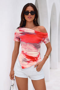 PRETTYGARDEN Womens Summer Off The Shoulder Tops 2026 Spring Short Sleeve Mesh Tie Dye Shirt Ruched Asymmetrical Y2k Clothes PRETTYGARDEN