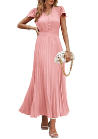 Women's Summer Maxi Dresses 2025 Trendy Casual Button V Neck Ruffle Cap Sleeve Long Flowy Pleated Dress