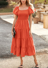 PRETTYGARDEN Women's Summer Casual Midi Dress Puffy Short Sleeve Square Neck Smocked Tiered Ruffle Dresses