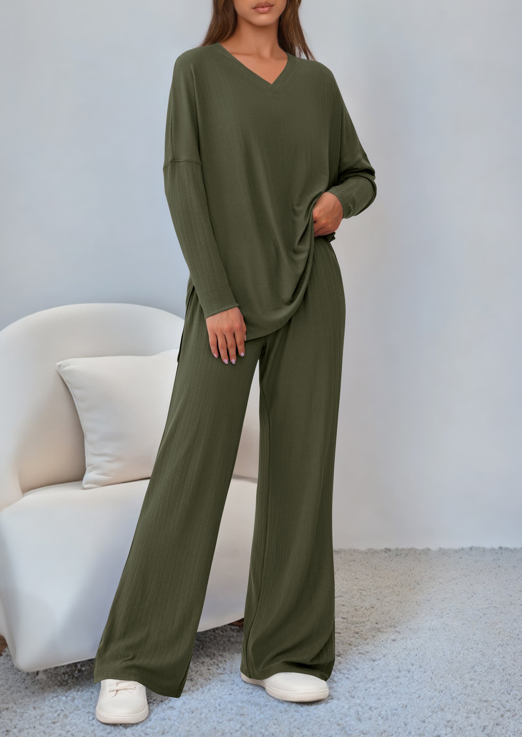 PRETTYGARDEN 2 Piece Lounge Sets for Women Fall Outfits Casual Loose Long Sleeve Tops Wide Leg Pants Matching Pajama Set