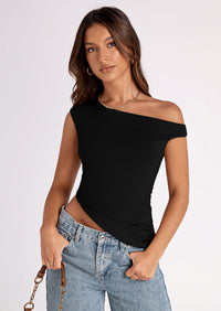 PRETTYGARDEN Womens Off The Shoulder Tops Summer Sleeveless One Shoulder Ruched Asymmetrical Y2K Going Out Crop Tank Top