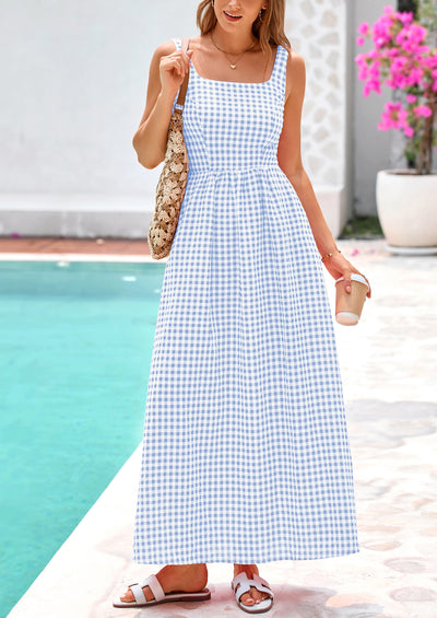 PRETTYGARDEN Women's Summer Spaghetti Strap Maxi Dresses Plaid Square Neck A Line Casual Beach Vacation Long Sundress