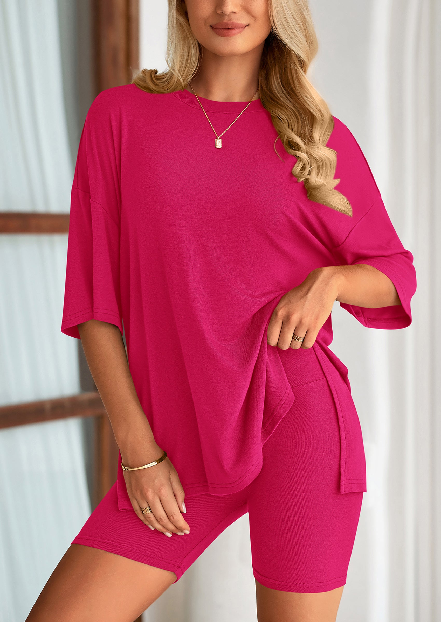 PRETTYGARDEN Women's Two Piece Lounge Set Summer Casual Oversized Shirts Biker Shorts Matching Airport Travel Outfit