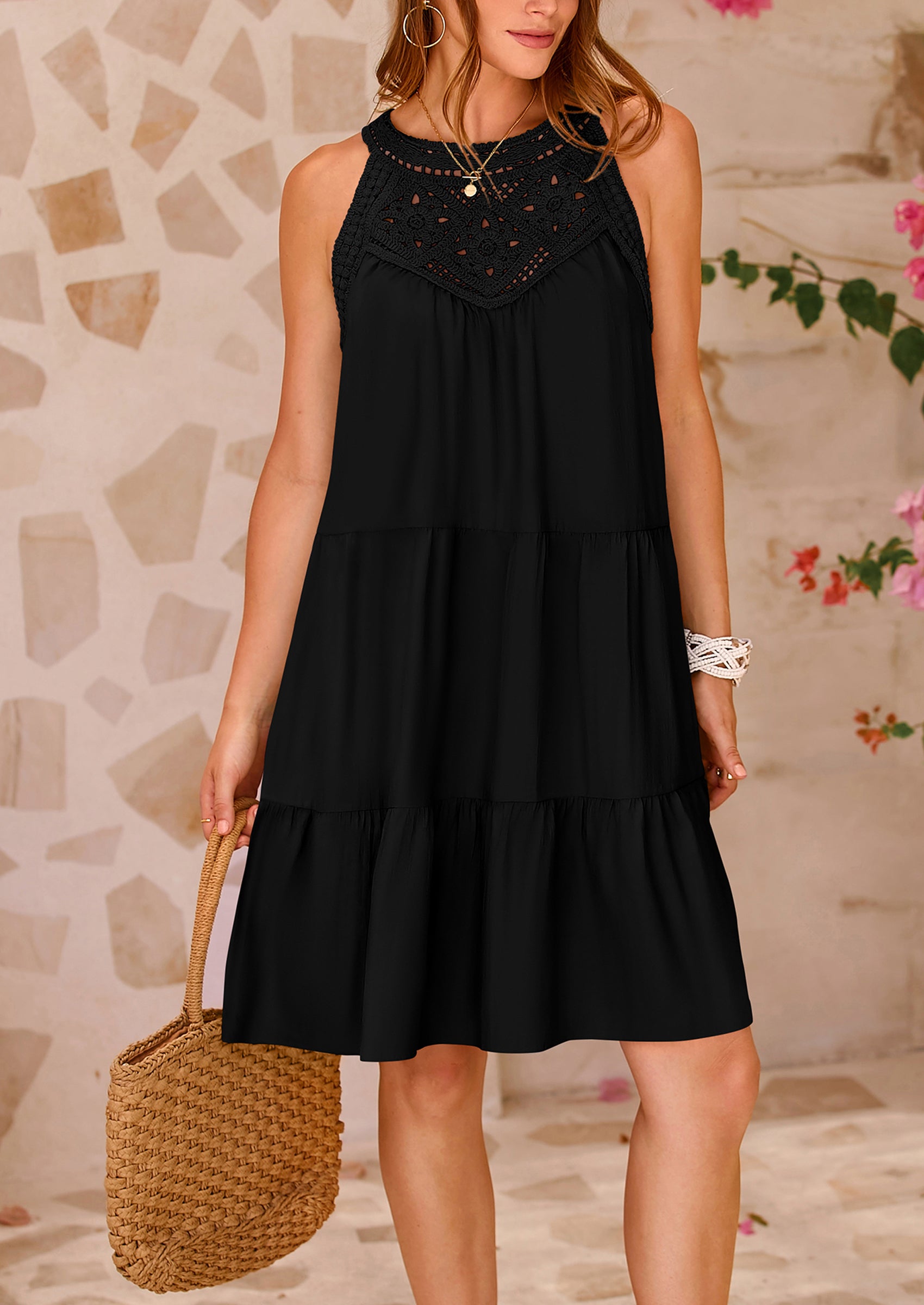 BTFBM Women Summer Halter Dresses Casual Spring 2025 Sleeveless A-Line Tiered Swing Mini Dress Beach Vacation Sundress