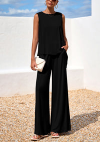 PRETTYGARDEN Women's Two Piece Matching Lounge Sets Asymmetrical Split Tank Tops Wide Leg Pants Summer Outfits Tracksuit