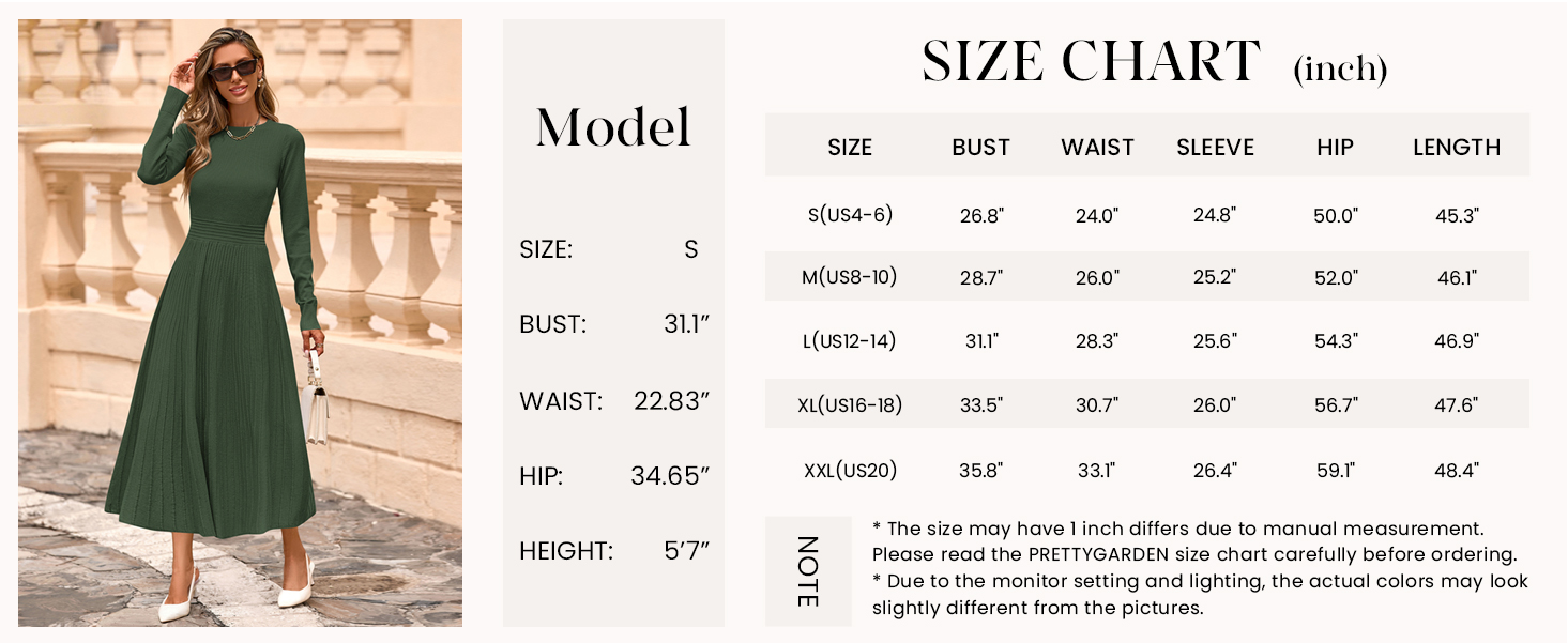 PRETTYGARDEN Women's Long Sleeve Midi Sweater Dress Fall Crewneck Knit A Line Pleated Wedding Guest Winter Dresses