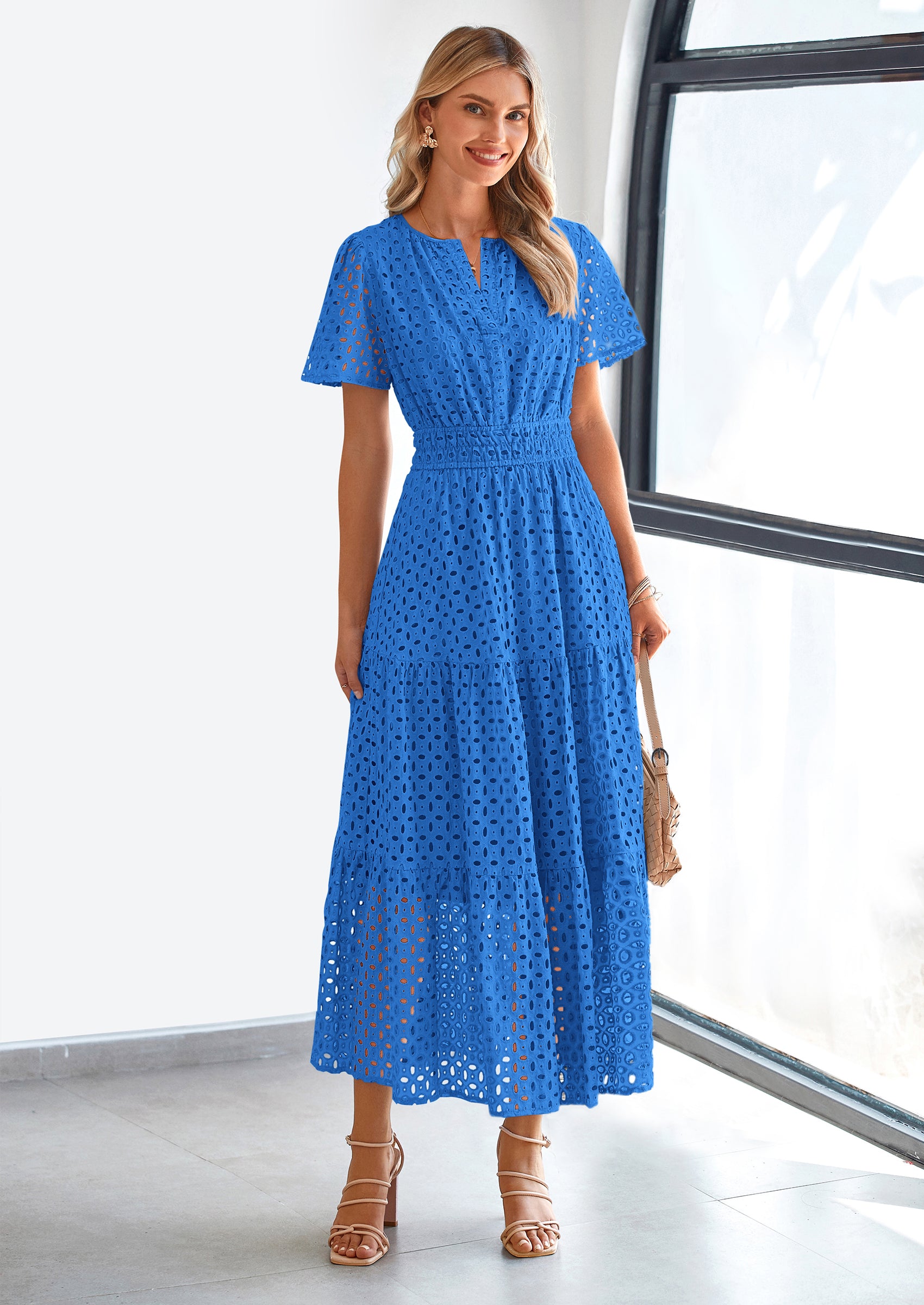 PRETTYGARDEN Womens Maxi Dress Short Sleeve V Neck Hollow Out Eyelet A