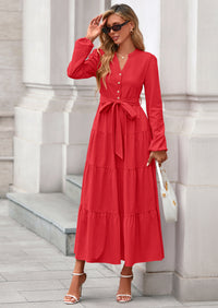 PRETTYGARDEN Fall Dresses for Women Long Sleeve V Neck Belted Ruffle A Line Flowy Boho Maxi Wedding Guest Dress Pockets