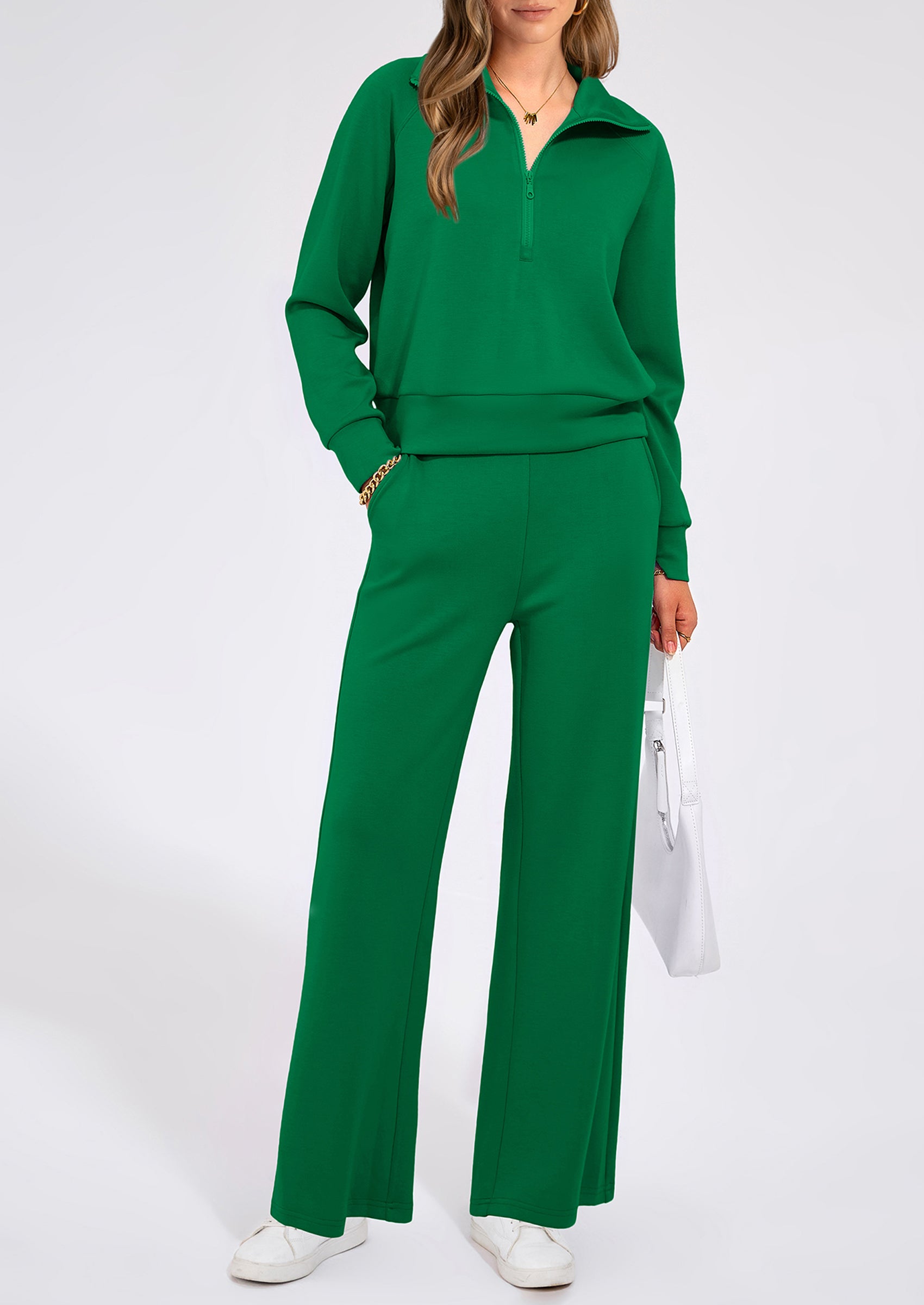 PRETTYGARDEN Women's 2 Piece Outfits Casual Lapel Half Zip Sweatshirts And Wide Leg Pants Tracksuit Sets