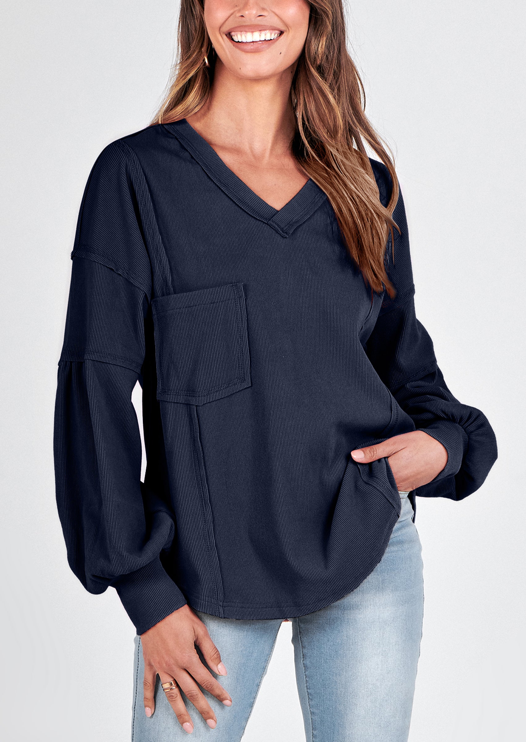 BTFBM Women's Ribbed Long Sleeve Tops Summer Spring Pullover Knit Casual V Neck Blouses Trendy Loose Fit Tunic Top