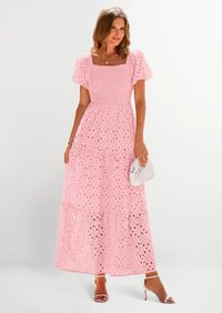 PRETTYGARDEN Dresses for Women Eyelet Square Neck Puff Sleeve Smocked Wedding Guest Maxi Dress with Pockets