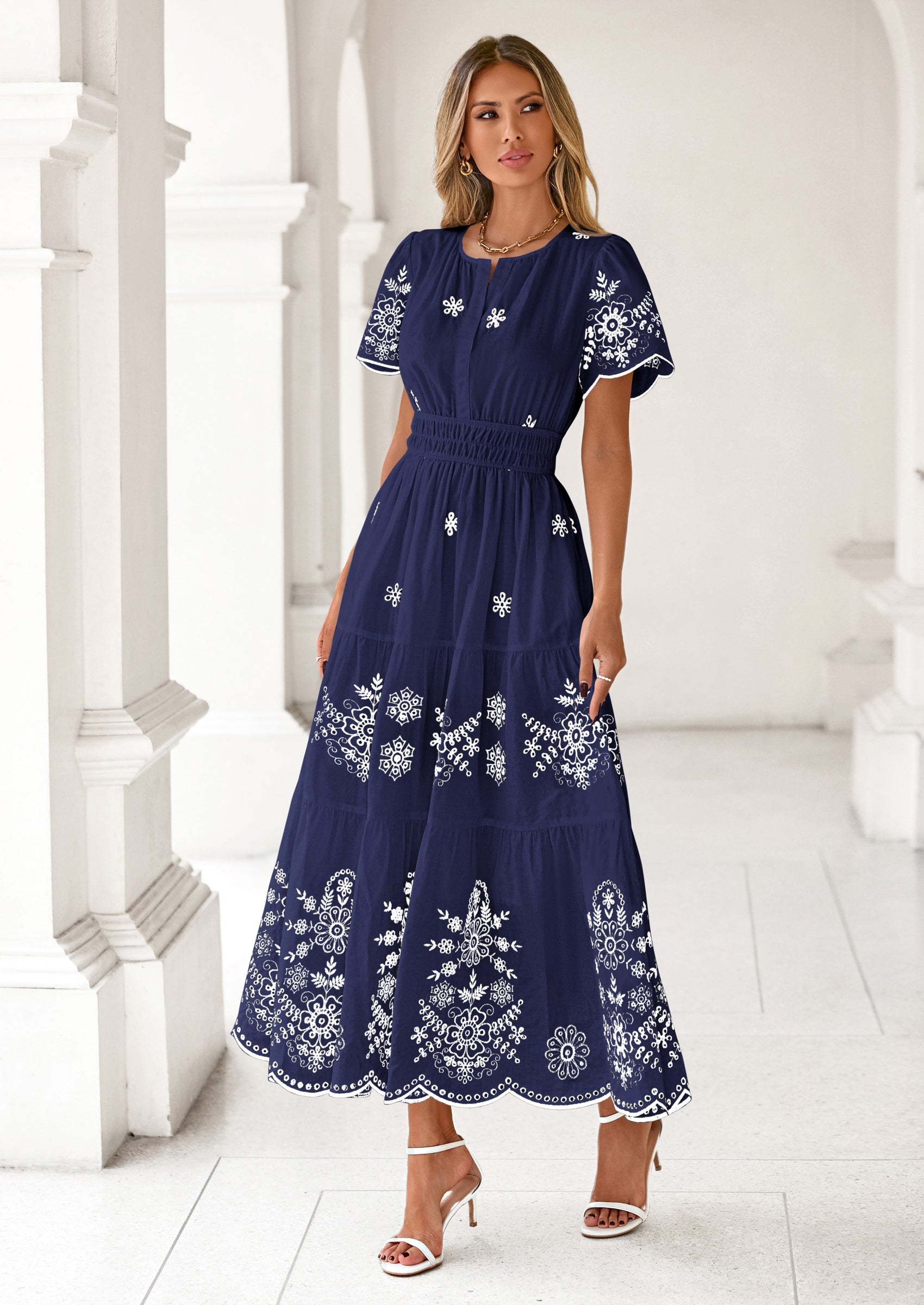 PRETTYGARDEN Boho Dresses for Women Summer Spring Casual Floral Short Sleeve V Neck Maxi Elastic Waist Dress Pockets PRETTYGARDEN