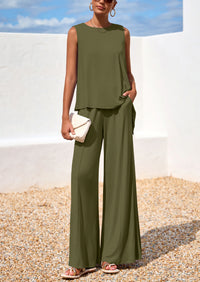 PRETTYGARDEN Women's Two Piece Matching Lounge Sets Asymmetrical Split Tank Tops Wide Leg Pants Summer Outfits Tracksuit