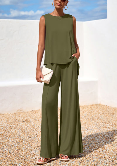 PRETTYGARDEN Women's Two Piece Matching Lounge Sets Asymmetrical Split Tank Tops Wide Leg Pants Summer Outfits Tracksuit