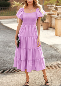 PRETTYGARDEN Women's Summer Casual Midi Dress Puffy Short Sleeve Square Neck Smocked Tiered Ruffle Dresses