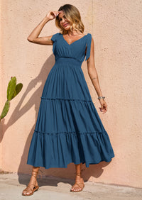 PRETTYGARDEN Women's Cross Neck Spring Sleeveless Tiered Maxi Dress Beach Tie Strap Smocked Long Dresses Pleated Sundress