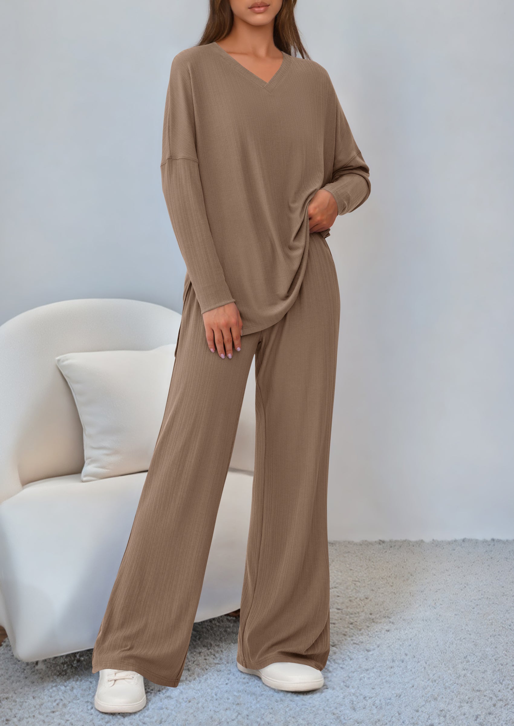 PRETTYGARDEN 2 Piece Lounge Sets for Women Fall Outfits Casual Loose Long Sleeve Tops Wide Leg Pants Matching Pajama Set