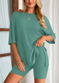 PRETTYGARDEN Women's Two Piece Lounge Set Summer Casual Oversized Shirts Biker Shorts Matching Airport Travel Outfit