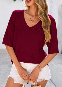 PRETTYGARDEN Women's Short Sleeve Sweater Tops Spring Summer Casual V Neck Ribbed Knit Trendy Eyelet Blouse T Shirts