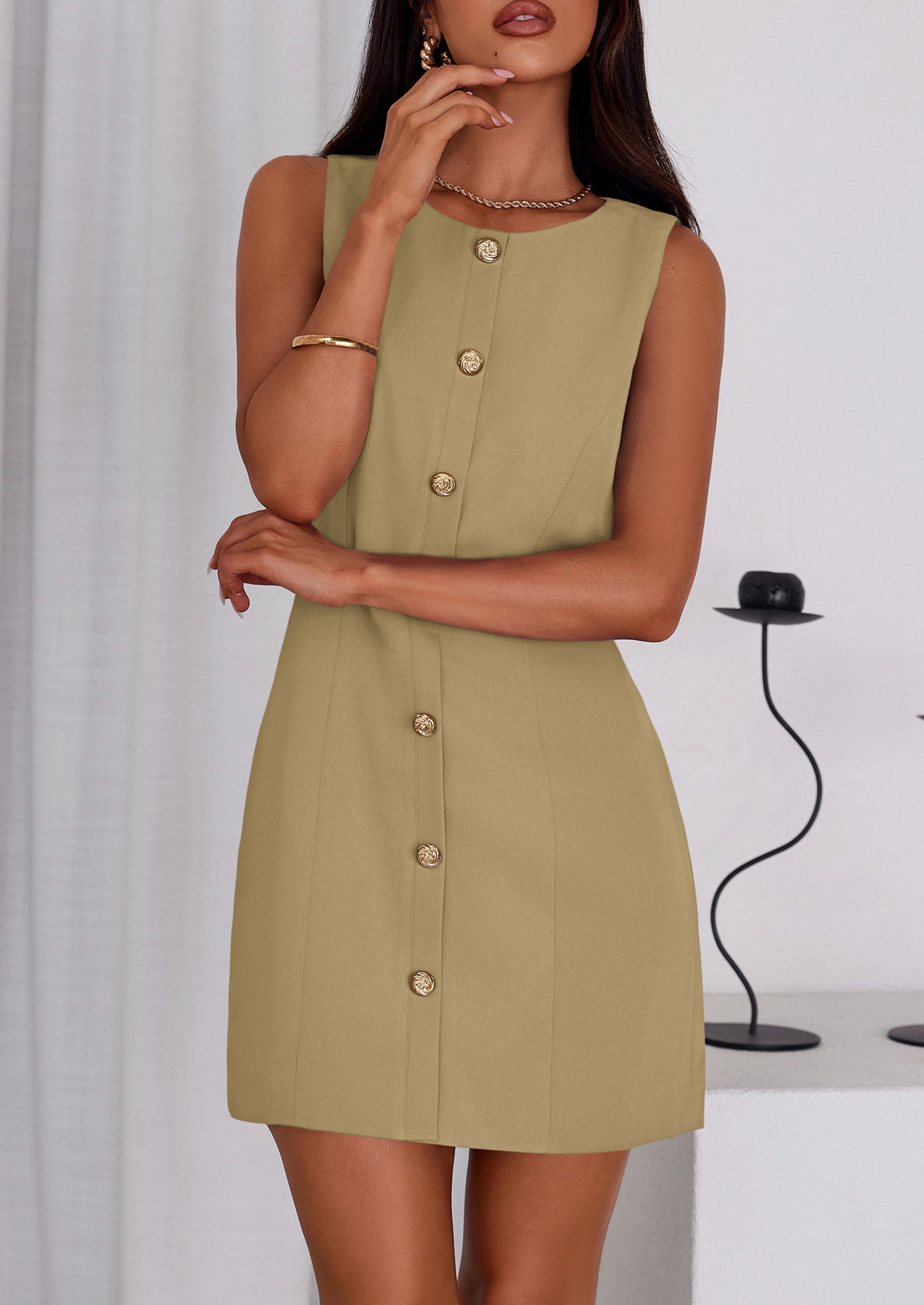 PRETTYGARDEN Work Dresses for Women Spring Business Formal Short Dress Sleeveless Button Down Elegant Office Outfits