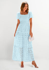 PRETTYGARDEN Dresses for Women Eyelet Square Neck Puff Sleeve Smocked Wedding Guest Maxi Dress with Pockets