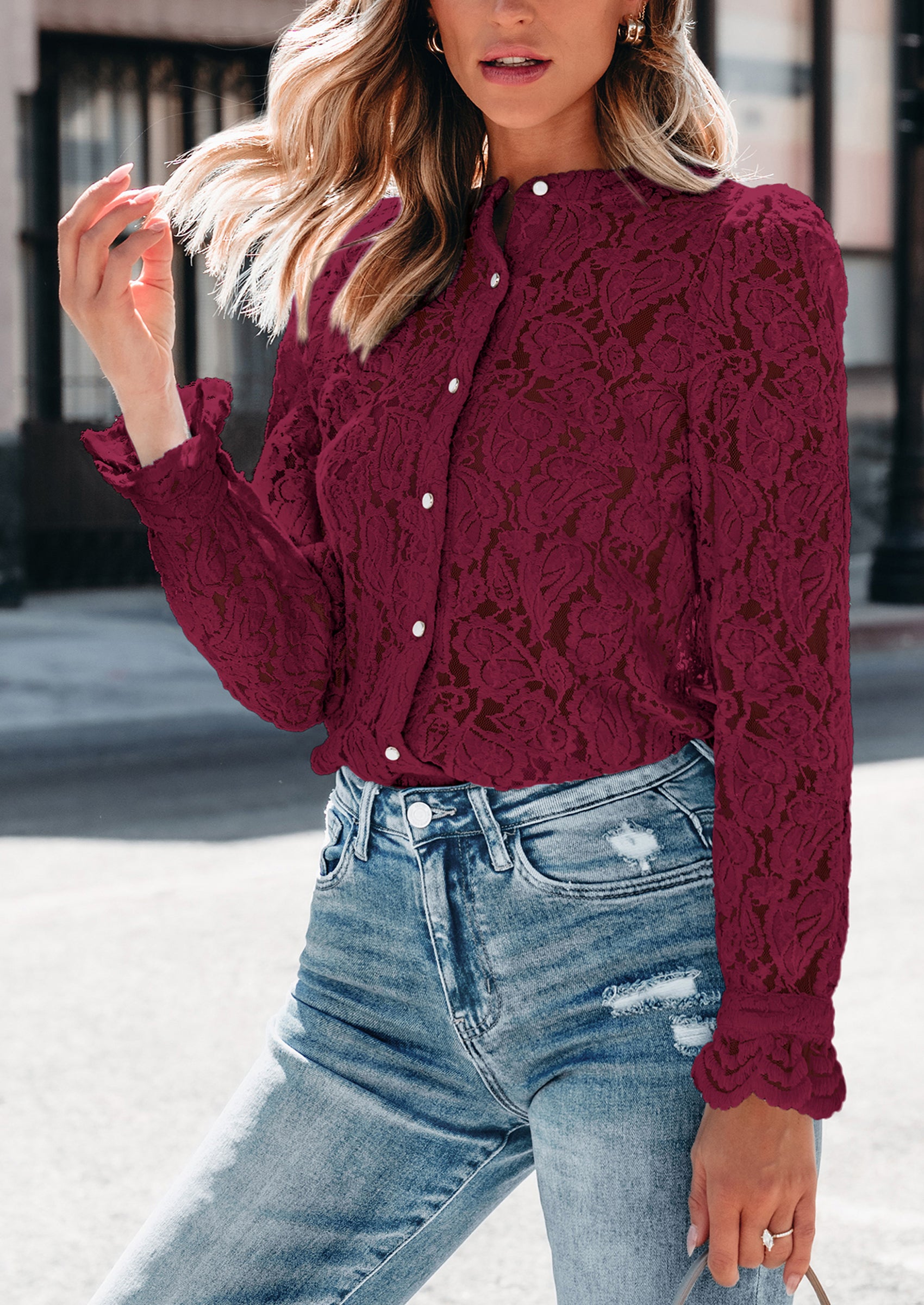 PRETTYGARDEN Women's Dressy Casual Lace Blouse Long Sleeve Button Up Shirts Tops Spring Fall Fashion Clothes