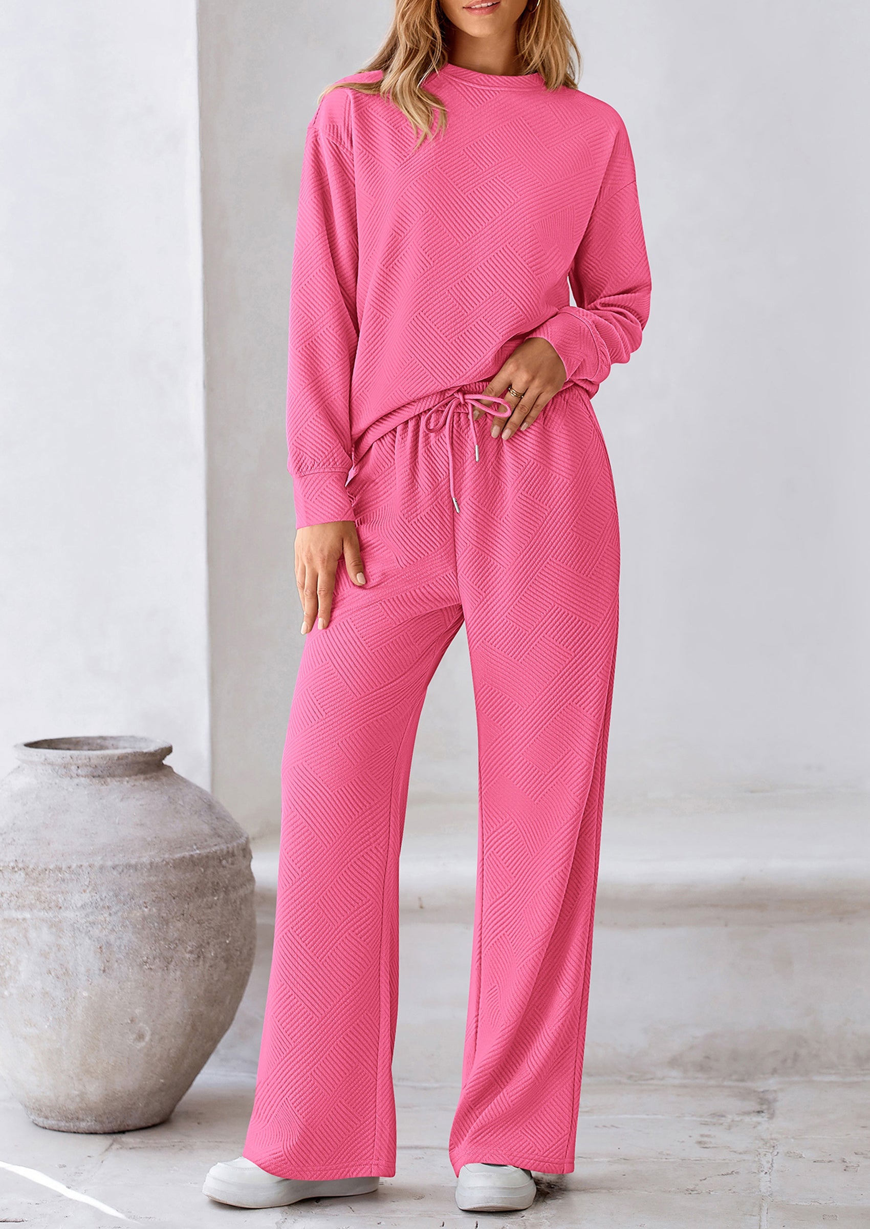 PRETTYGARDEN 2 Piece Long Sleeve Pullover Tops and Wide Leg Pants Knitted Lounge Sets PRETTYGARDEN