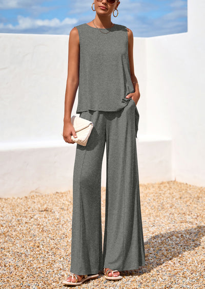 PRETTYGARDEN Women's Two Piece Matching Lounge Sets Asymmetrical Split Tank Tops Wide Leg Pants Summer Outfits Tracksuit