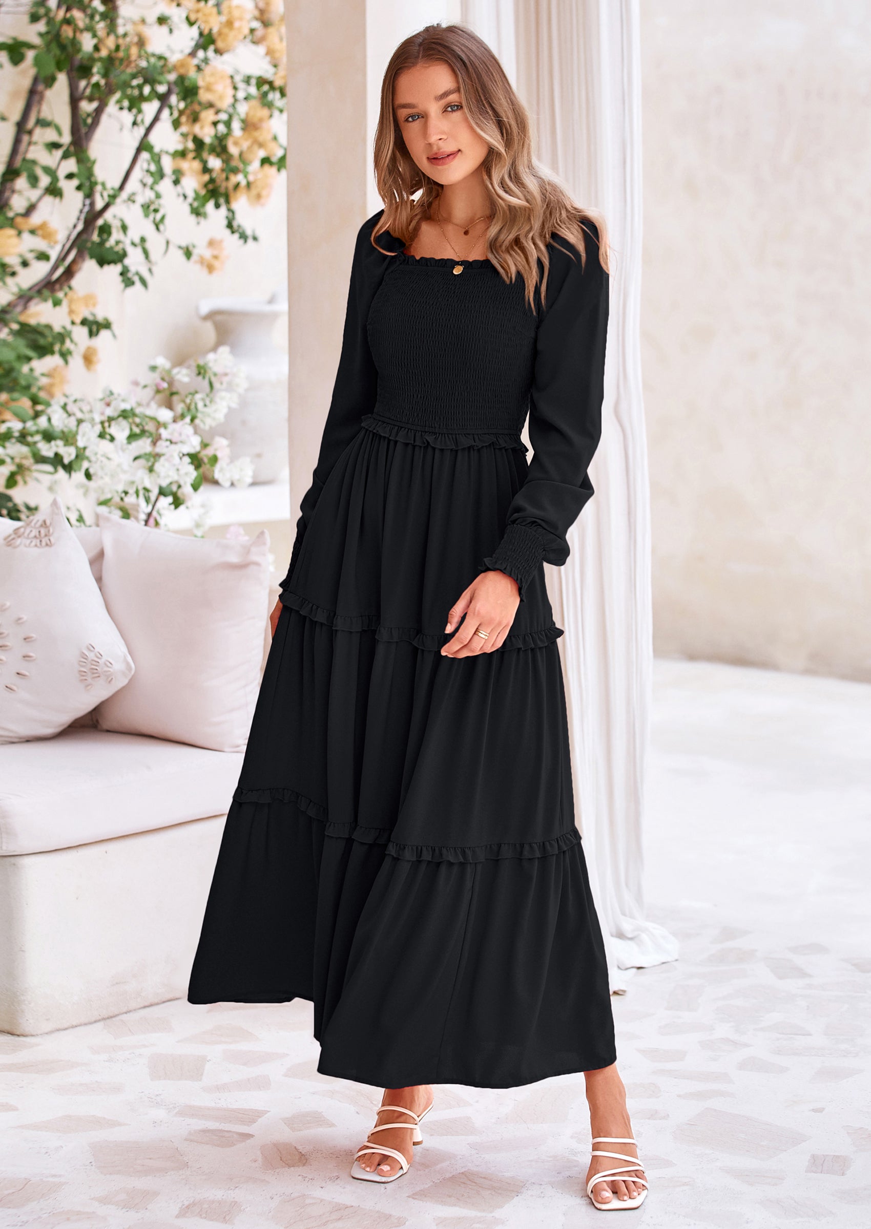 PRETTYGARDEN Fall Wedding Guest Dresses for Women Long Sleeve Square Neck Tiered A Line Modest Elegant Flowy Dresses