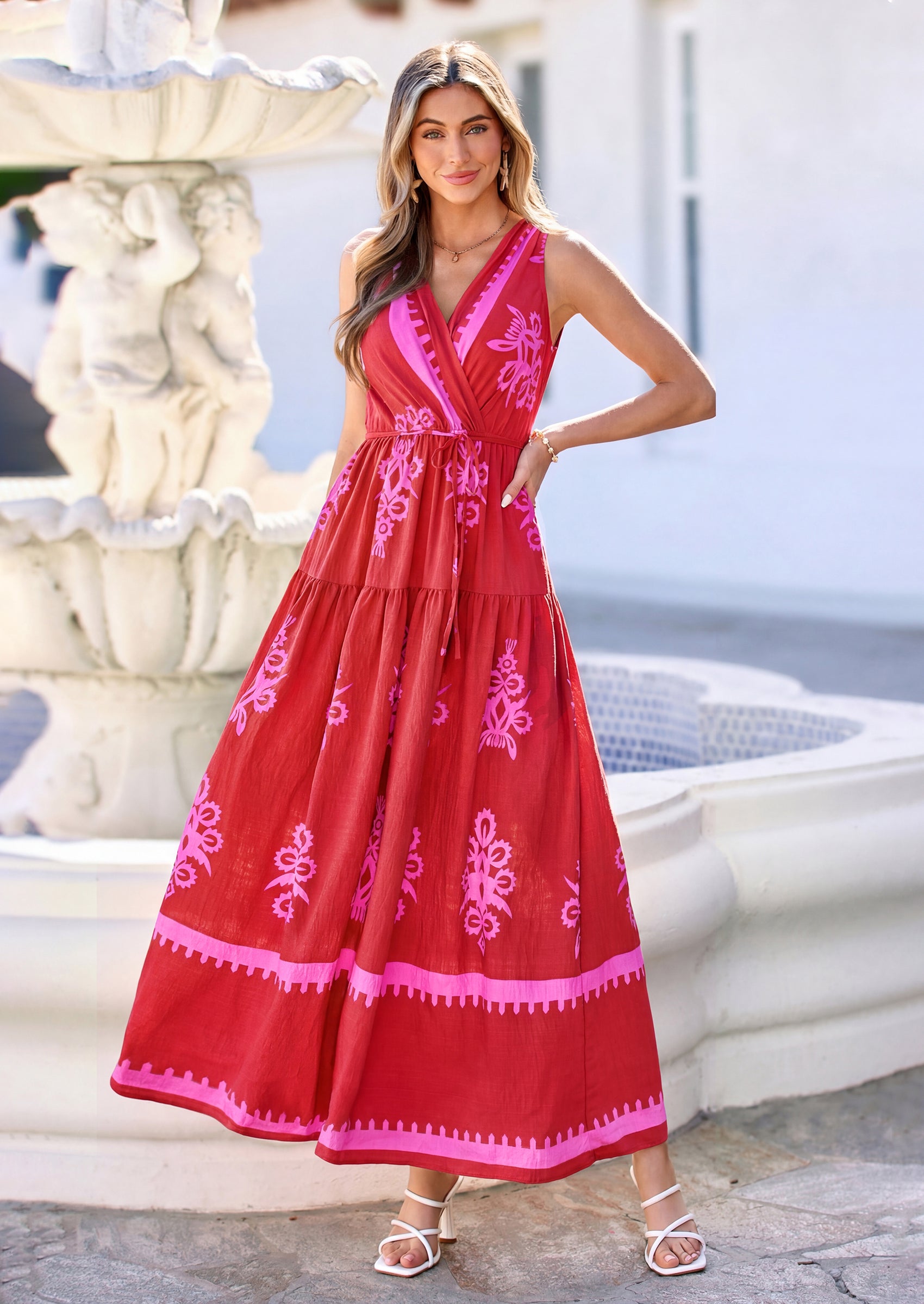 PRETTYGARDEN Womens Floral Maxi Dress Sleeveless Vneck Belt Ruffle Long Dresses Boho Summer Beach Vacation Clothes