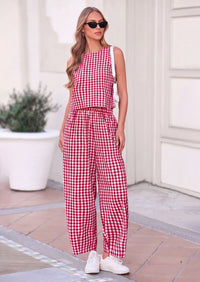 PRETTYGARDEN Womens 2 Piece Sets Summer Plaid Sleeveless Tops Wide Leg Pants Matching Lounge Set Beach Vacation Outfits