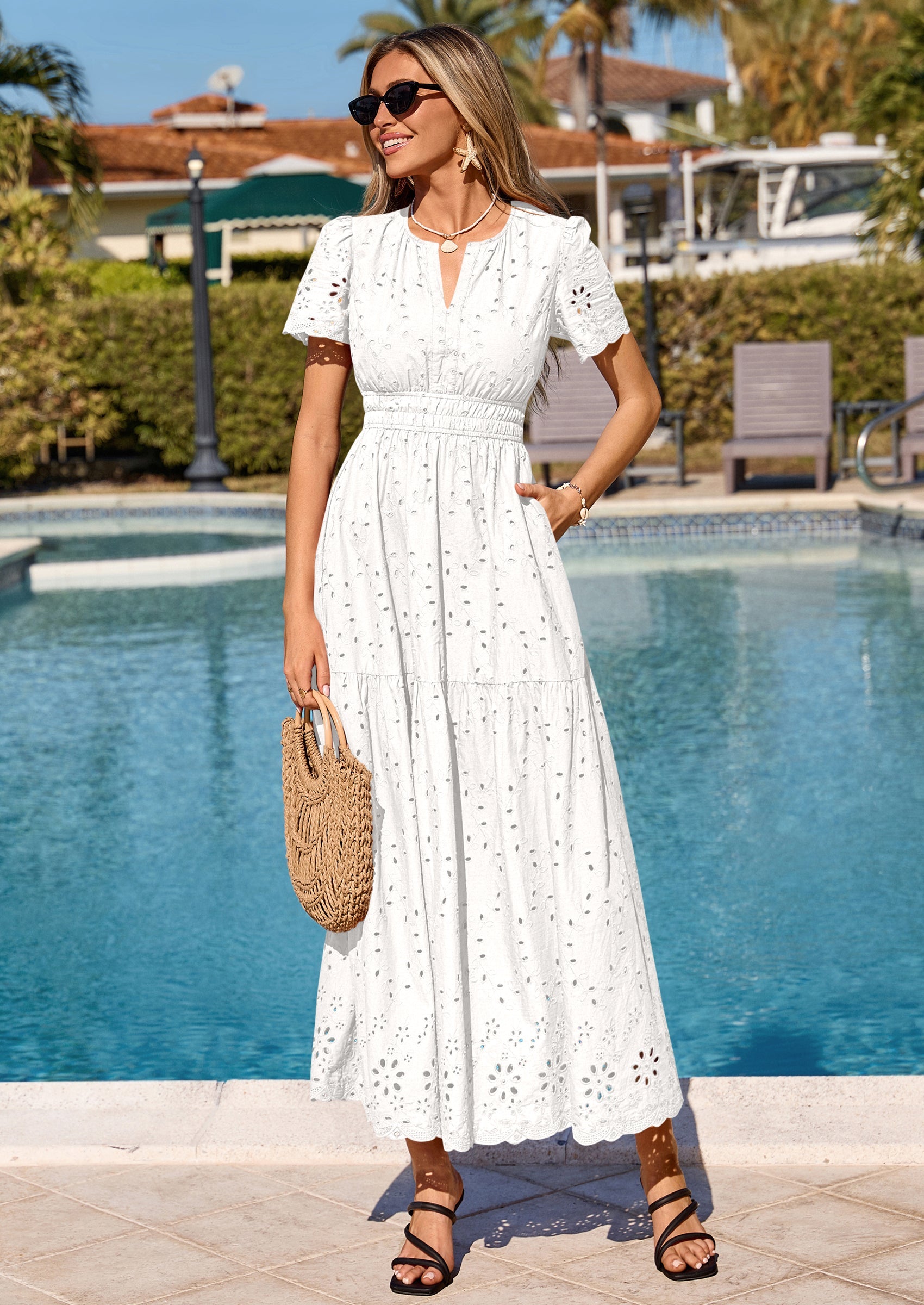 PRETTYGARDEN Short Sleeve Spring Dresses for Women Elegant Classy Boho High Waist A Line Pleated Wedding Guest Dress PRETTYGARDEN