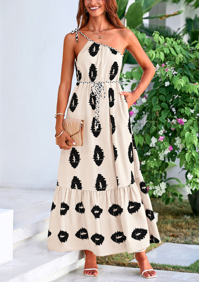 PRETTYGARDEN Women's Summer Maxi Dresses One Shoulder Printed Flowy Boho Beach Vacation Long Sundress