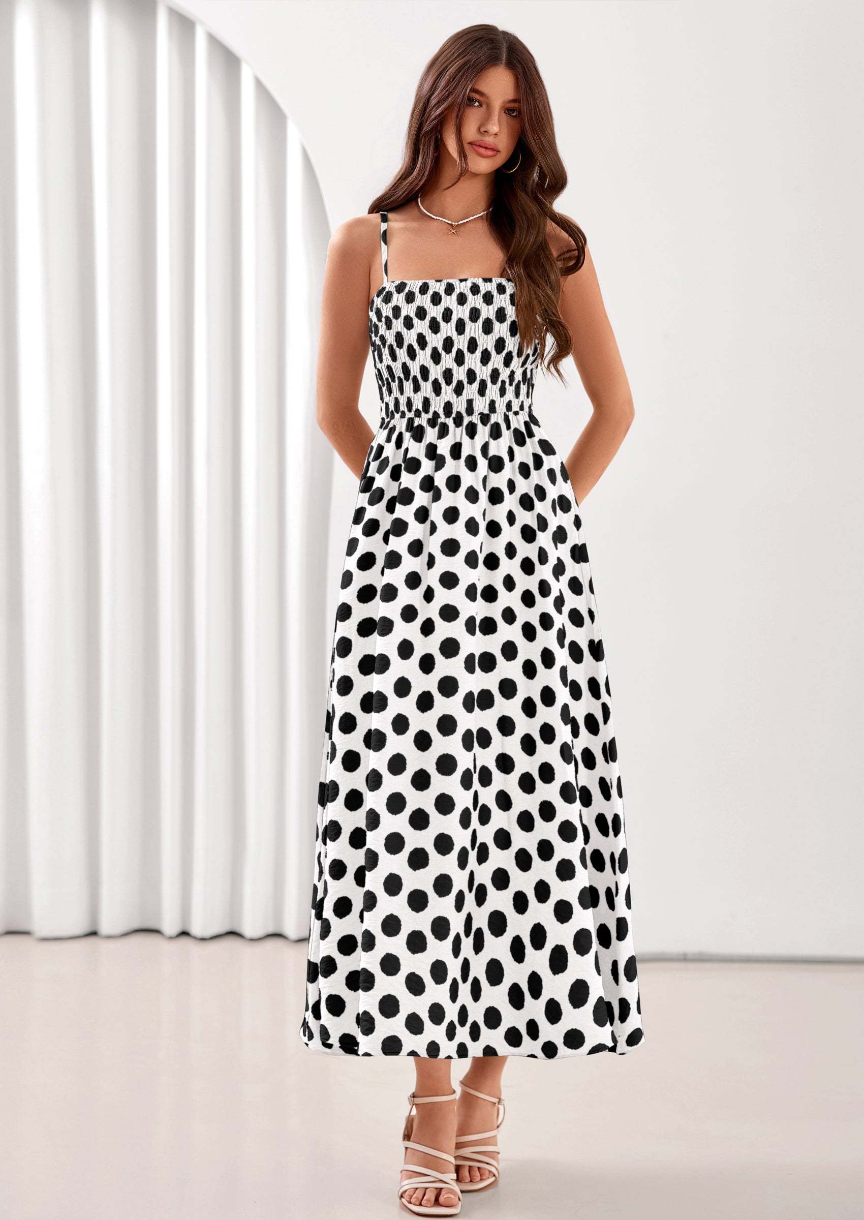 PRETTYGARDEN Womens Summer Dresses Spring Sleeveless Spaghetti Straps Casual Midi Dress Polka Dot Smocked Beach Sundress PRETTYGARDEN