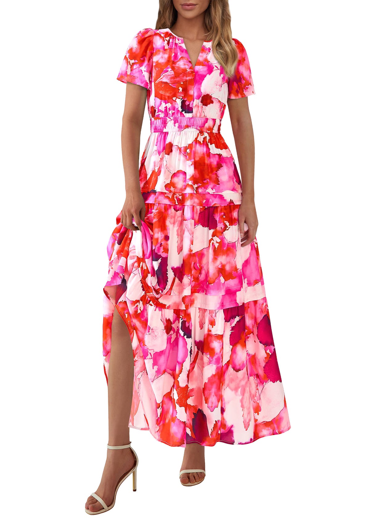 Summer Boho Floral Short Sleeve V Neck A Line Tiered Ruffle Flowy Long Beach Vacation Maxi Dresses