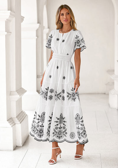 PRETTYGARDEN Boho Dresses for Women Summer Spring Casual Floral Short Sleeve V Neck Maxi Elastic Waist Dress Pockets PRETTYGARDEN