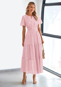 PRETTYGARDEN Womens Maxi Dress Short Sleeve V Neck Hollow Out Eyelet A Line Long Flowy Beach Vacation Dresses